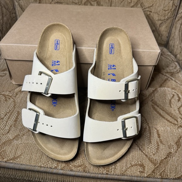 Birkenstock Shoes - Birkenstock Arizona Soft Footbed Suede Leather Sandals Narrow - Antique White